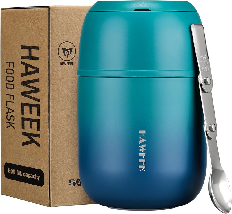 Haweek Insulated Soup Thermo 17oz - Stainless Steel Vacuum Lunch Box for Adults, Kids Leakproof Hot Food Container with Handle Folding Spoon (School Office Outdoor) - Image 1